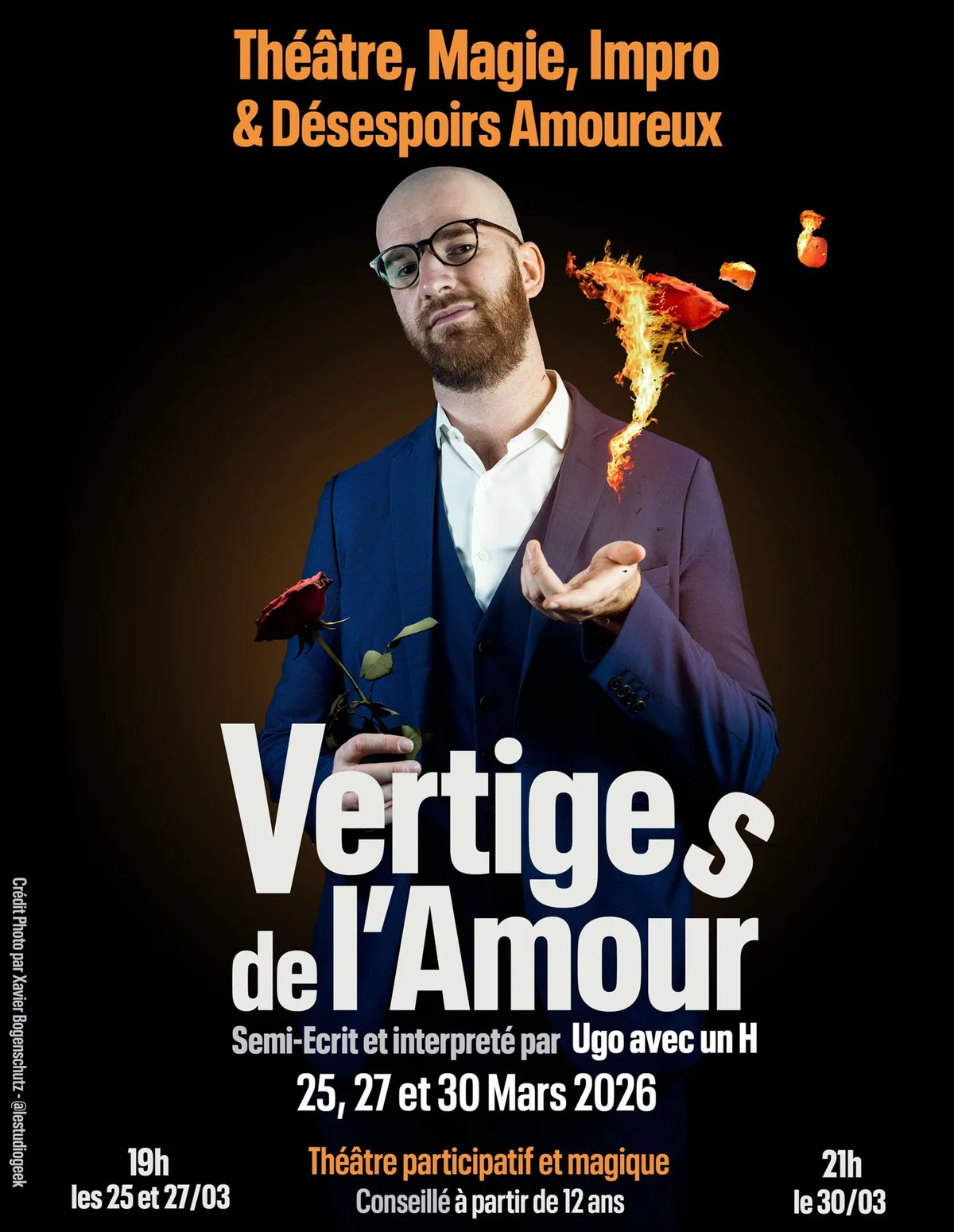 Affiche de Vertiges de l'amour : théâtre, magie, impro et désespoirs amoureux, semi-écrit et interprété par Ugo avec un H